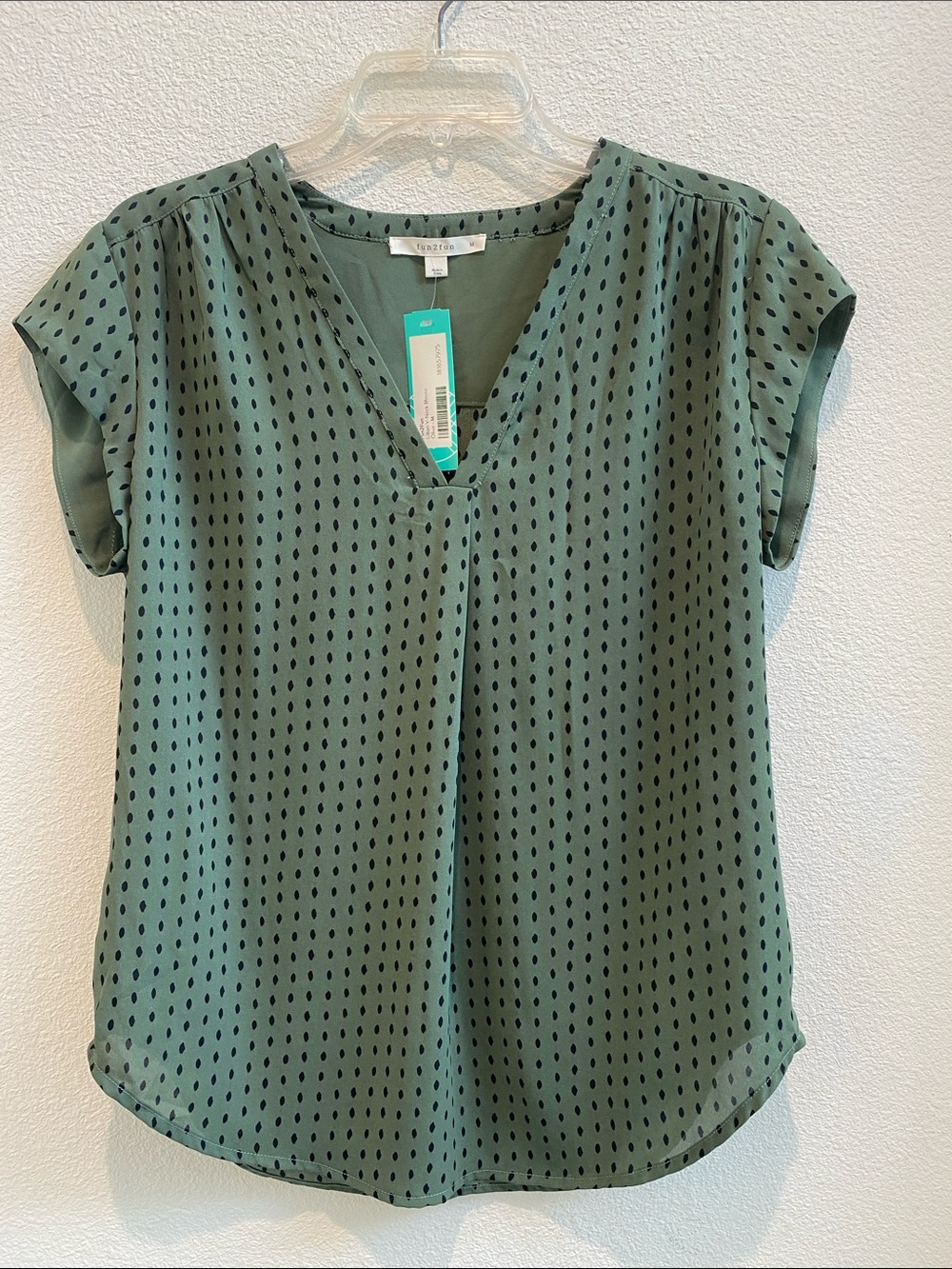 Fun2Fun Sage Green Short-Sleeve V-Neck Blouse with Black Dot Print
